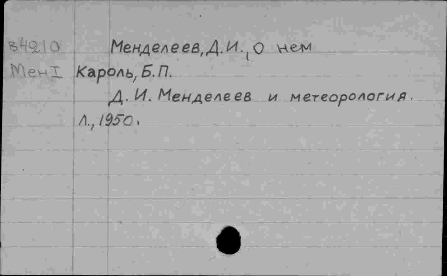 ﻿Менделе ев, Д И. (о Мен! Каролу Б. П.
Д. И. Менделе ев и метеорологи а ■ Л., 195-0,